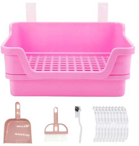 RMNHPTK Large Rabbit Litter Box Rabbit Toilet Rabbit Potty Training Corner Huge Bunny Litter Pan with Plastic Grid Deep Dump Tray for Adult Small Animal (Pink)