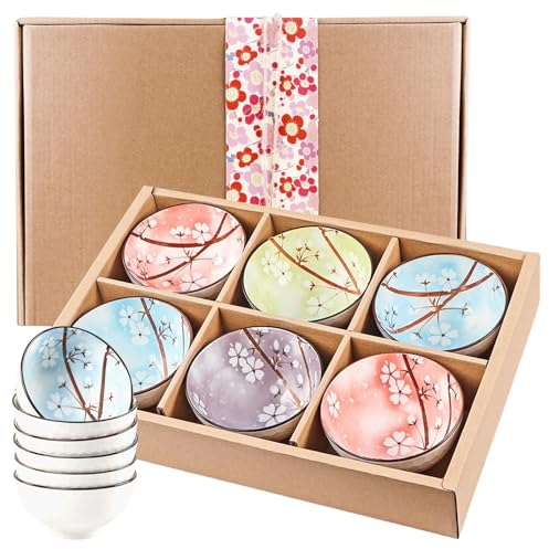 HOMURY Juego de 6 cuencos para cereales, 300 ml, cuencos de postre de porcelana, pequeños cuencos de cerámica de colores, cuencos de cerámica japonesa, juego de cuencos para aperitivos, arroz,