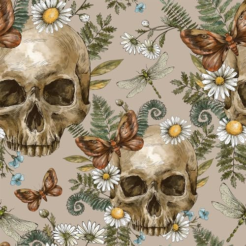 VEELIKE Skulls Fern Floral Peel and Stick Wallpaper Vintage Gothic Wallpaper Brown Floral Wall Paper Art Decor for Bedroom Bathroom Dollhouse Skulls Contact Paper Renter Friendly 44.5 cm x 300 cm