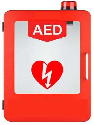 AED-Defibrillator-Aufbewahrungsschrank, wandmontierter Defibrillationsalarmkasten mit Licht und Alarmsystem, Erste-Hilfe-Koffer mit Doppelschaltersteuerung, abgerundetes Eckendesign (Farbe: Rot)