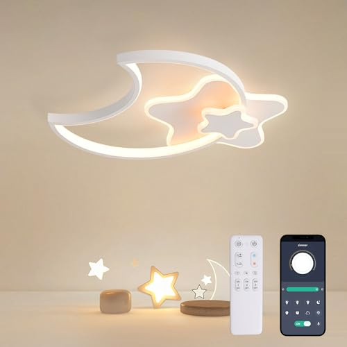 KAUCQI 55CM Led Deckenleuchte Schlafzimmer,Kinderzimmer Lampe Decke Stern Kinderlampe,Dimmbar Deckenlampe für Kinder Lampe mit Fernbedienung 3000K-6000K