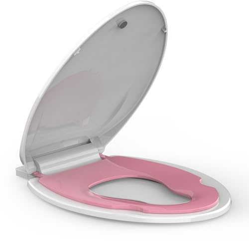 GarveeTech Elongated Toilet Seat with Built-in Toddler Seat for Easy Potty Training – Slow Close Feature, Easy Install and Clean, Perfect for Both Adults and Children, White and Pink