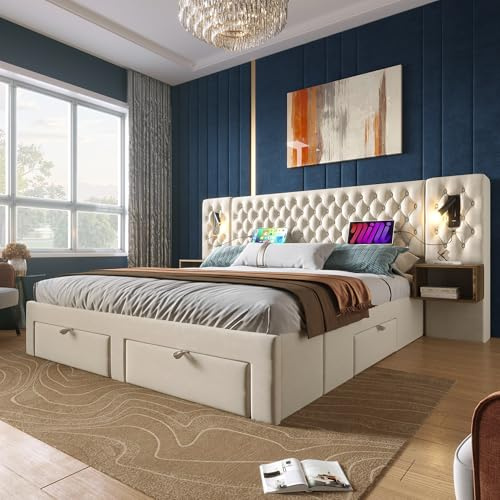 Set completo per camera da letto, letto matrimoniale, 160 x 200 cm, con 2 comodini e 4 cassetti, testiera con funzione di ricarica USB, 243 x 211 x 106 cm, grigio, velluto (senza materasso) (beige)