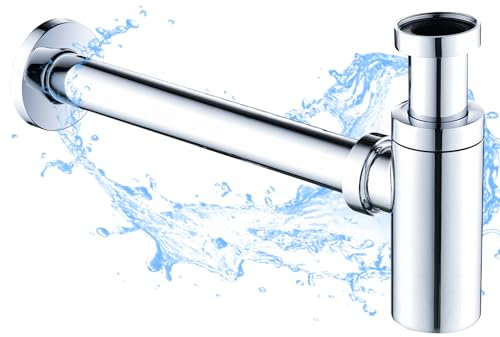kelleria Sifone Lavabo Bagno, Sifone Universale per Lavabo Regolabile Con Apertura per la Pulizia, Scarico Lavandino Bagno 1 1/4 x Ø 32mm, Acciaio Inox, Cromo