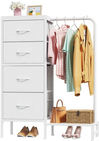 OYRREU 111cm Alta Cassettiera Cameretta 4 Cassetti in Tessuto, Piccola Comò Camera da Letto Bianca, Mobiletto Cassettiera con Asta Appendiabiti, Salvaspazio, per Ingresso Soggiorno Bambini Regalo