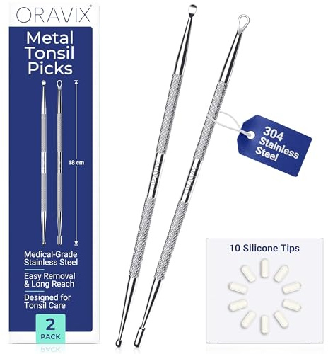 Oravix Extractor de tonsilolitos metálico – Pack de 2 (18 cm), Eliminador de mal aliento, Kit tonsilolitos, Limpiador amigdalas con 10 puntas de silicona, Kit eliminación piedras amigdalas