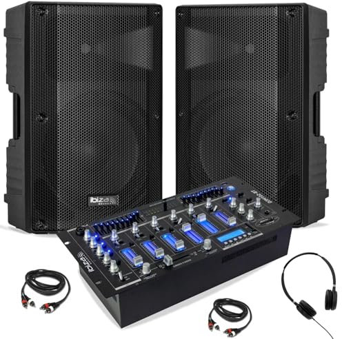Ibiza - DJ-Pack Sono Ibiza 2 aktive Lautsprecher XTK15A-MKII 15 Zoll 600 W – Mischpult Bluetooth DJM102-BT USB – Kopfhörer – Kabel – Abend Party