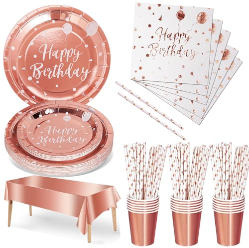 Nkaiso Vajilla de Fiesta Desechable para Cumpleaños 121 Piezas Oro Rosa Puro Juego de Vajilla de papel de Platos Vasos y Servilletas Artículos de Decoración para Fiestas -24 Invitados