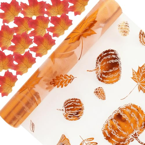 Decoración De Mesa De Otoño, Camino De Mesa De Hojas De Arce Otoñales con 50 Hojas De Arce Dispersas, Camino De Mesa De Hojas De Arce, para Festivales De Otoño (10 m x 28 Cm)