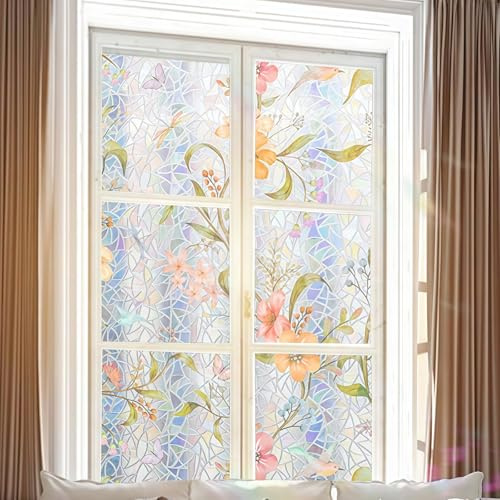 Tivleed Stained Glass Window Film, Vintage Floral Static Cling for Home Door Privacy, Rainbow Effect Decorative Film, 30x200cm