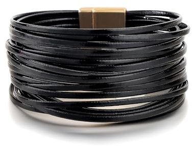 Edoneery Leather Wrap Bracelet for Women, Boho Handmade Multi-Layer Cuff with Crystal Beads Heart, Stackable Bangle Western Jewelry Gift(String Leather(Black))