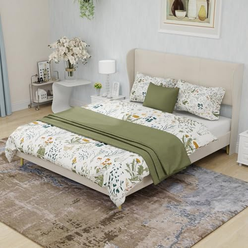 HaoChrymec Letto Imbottito Moderno in Tessuto con Testiera Morbida, Base Bassa Senza Contenitore, Design Multifunzionale, Letto per Camera da Letto e Appartamento, Beige, 140x200 cm