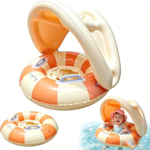 ZVD Ciambella Galleggiante Con Parasole UV,Flotador De Natación para Bebés con Toldo Desmontable, Sedile Sicurezza Regolabile 0-4 Anni Per Piscina Spiaggia Giardino Pieghevole (Arancione)