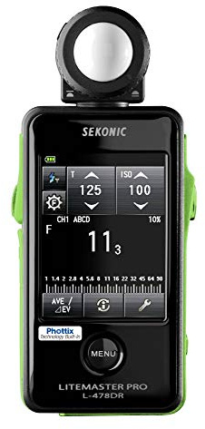 Sekonic L-478DR-PX LiteMaster Pro for Phottix. L-478DR-PX. Strap and case included. Touch screen light meter for ambient and flash light readings. For photographers and filmmakers.