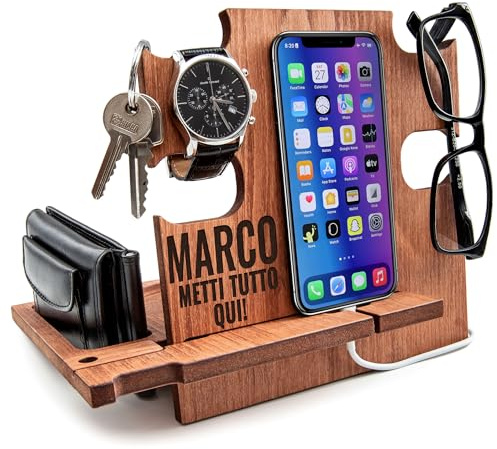 Greta Oto Svuotatasche in Legno Personalizzato Organizer da Scrivania e Comodino con Supporto per Smartphone Porta Orologi Regalo Festa del Papà