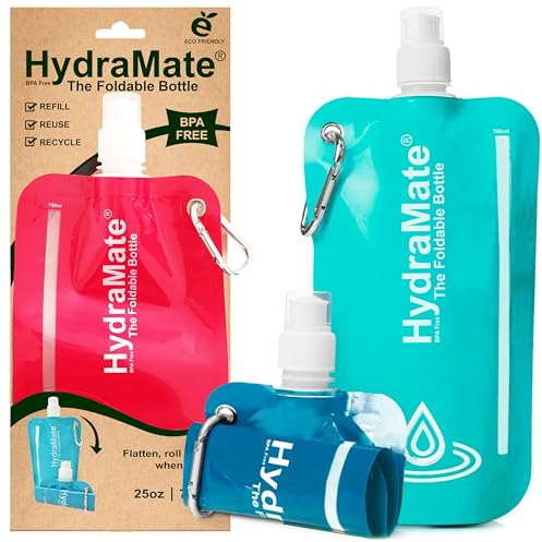 HydraMate Gourde Pliable - Bouteille Souple 750ml - Avec Mousqueton (3pc) | Poche A Eau Portable Sans BPA. Légère & Flexible - Rétractable et Réutilisable Bouteille De Voyage pour Camping, Festival.