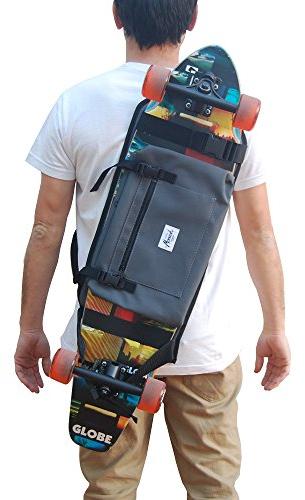 Rucksack zum Transport Longboard, Skateboard Surf Skate oder voll, Idee Geschenk San Valentin. Grau.