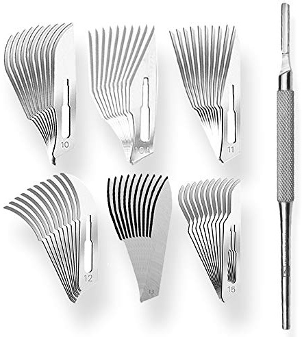May - Set bestehend aus Mix von je 10 Stück Skalpellklingen Figur 3 in 6 verschiedenen Ausführungen + 1 x May - Skalpell-Halter 15,5 cm lang aus Edelstahl