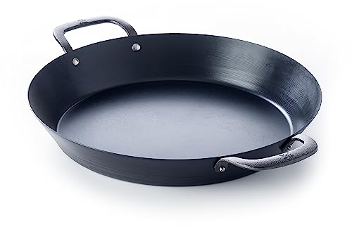 BK Black Steel Vorgewürzte 38cm Paella-Pfanne mit zwei Griffen, Geeignet für Induktion, Backofen und Bratrost sicher bis 350C, Langlebig und Professionell, Schwarz