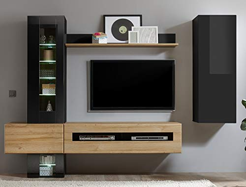 Wohnkombination Ruby I schwarz/Grandson Oak hell Dekor 280x200x38-48cm Wohnzimmermöbel Anbauwand TV-Wand TV-Element Wohnzimmerschrank Stauraum Größe mit Beleuchtung