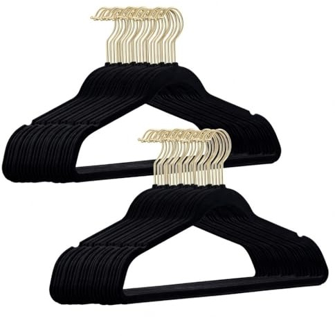 50 Stück hochwertige Samt Kleiderbügel in der Farbe Schwarz mit Gold Look Haken/Anti-Rutsch/von StickandShine