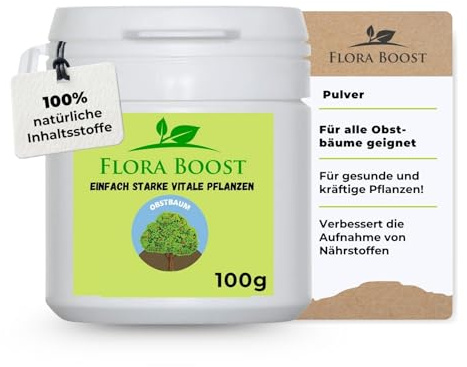 Flora Boost Obstbaum Dünger 100g, Pulverdünger für bis zu 100L Gießwasser | Blatt- & Wurzeldünger für alle Obstbaum Sorten geeignet, 100% natürlicher Pflanzendünger