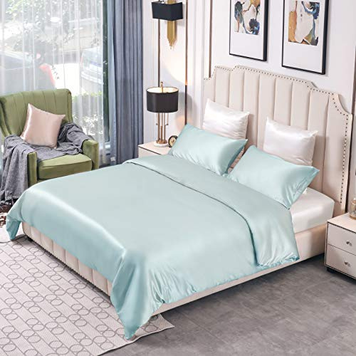 THXSILK 25 Momme Silk Duvet Cover 3 pcs Set, Machine Washable and Ultra Durable Smooth, 100% Top Grade Mulberry Silk, Luxurious Quilt Cover Set - Light Blue, Queen