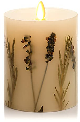 Luminara Realistic Artificial Moving Flame Pillar Candle with Lavender & Rosemary Inclusion - Moving Flame LED Battery Operated Lights - Remote Ready - Remote Sold Separately - 3.25 x 4.5