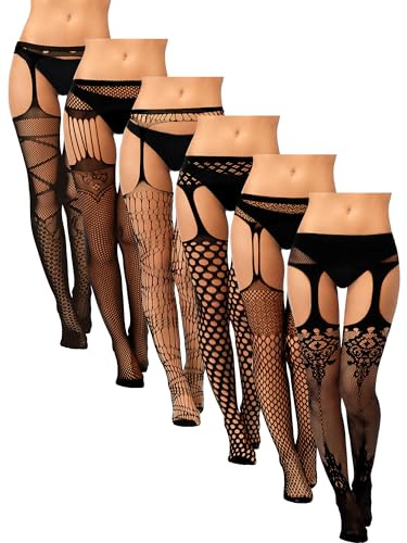 Syhood 6 Pares de Medias Altas hasta Muslo de Rejilla de Encaje Pantimedias con Tirantes Disfraces de Halloween para Mujeres