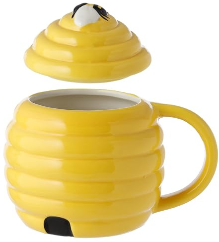 Puckator Beehive Shaped Ceramic Tea Coffee Mug with Lid - Funny Home Accessories - Cute Gifts for Girlfriend - Large Mugs for Men Women Hot Drinks - Cute Cups Presents - Secret Santa Gift - Cup Set
