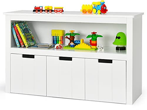 GYMAX Kids Storage Cabinet, 3 Drawers Children Bookcase with Large Open Shelf & Rolling Wheels, Wooden Toy Storage Organizer for Playroom Bedroom (White)
