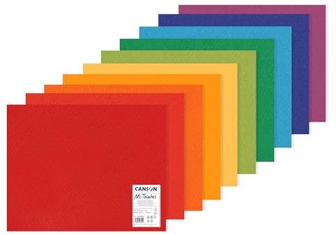 Canson Mi-Teintes, Papel de dibujo de color, Doble cara: Grano atenuado y grano fino, 160g, 50x65cm, Manipack, 10 colores brillantes, 10 Hojas