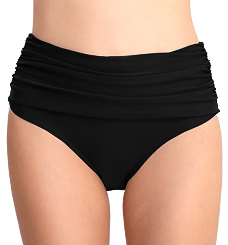 Joweechy Womens High Waisted Bikini Bottoms Vintage Ruched Tummy Control Swim Shorts Swimming Briefs Swimwear XL/Black