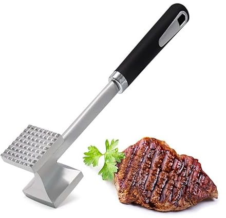 Meat Tenderizer Dual Hammer Function Pounder Tool with Textured Side and Flat Side For Tenderizing Steak Beef Poultry 10.8'' Length, Black and Silver