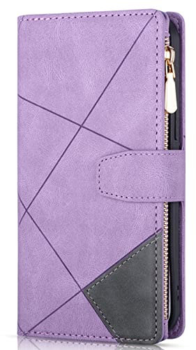 GUVAA Hülle Für iPhone 14/14 Pro/14 Plus/14 Pro Max,Reißverschluss Brieftasche Handyhülle,Karte Halter Und Mit Standfunktion,Ledertasche Flip Case,Lila,14 Pro 6.1''
