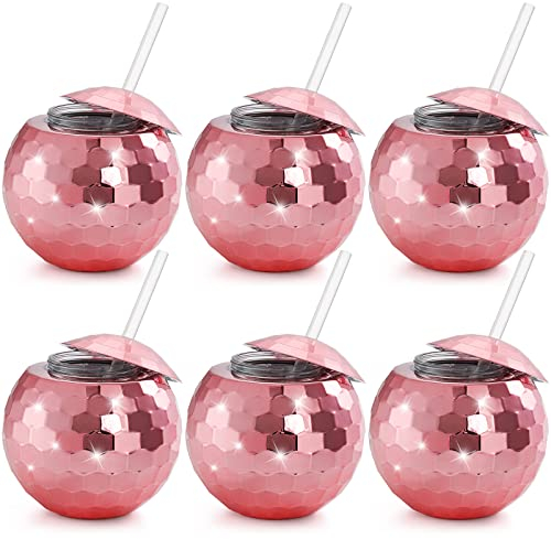 Nicunom 6 Stück 540 ml Discokugelbecher mit Deckel und Trinkhalmen, Wiederverwendbar Roségold, Pink, Discokugel, Cocktailbecher, glitzernd, Bar, Junggesellinnenabschied, Weintrinken, Tee, Flasche