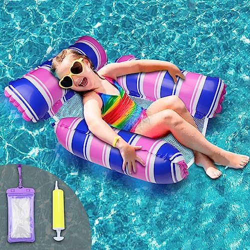 Colchoneta Piscina, Flotador Tipo Sillón Hinchable para Niños, Hamaca de Agua para Disfrutar al Máximo(Lila + Azul)