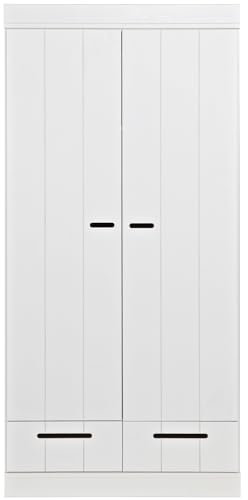WOOOD Connect Kleiderschrank 2 Türig, Garderobenschrank aus Kiefer und Melamin mit Schublade Drehtürenschrank Connect-Schrankwand - Weiß - 195x94x53 cm