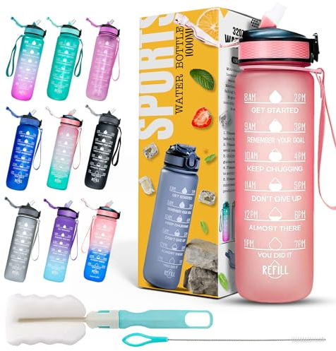 Roe Tenpo Sports Water Bottle with Straw and Time Marking, and 32OZ Capacity - Motivational and Eco-Friendly BPA-Free Bottle for Running, Gym, Yoga, Outdoors, and Camping (Style-1, Pink)