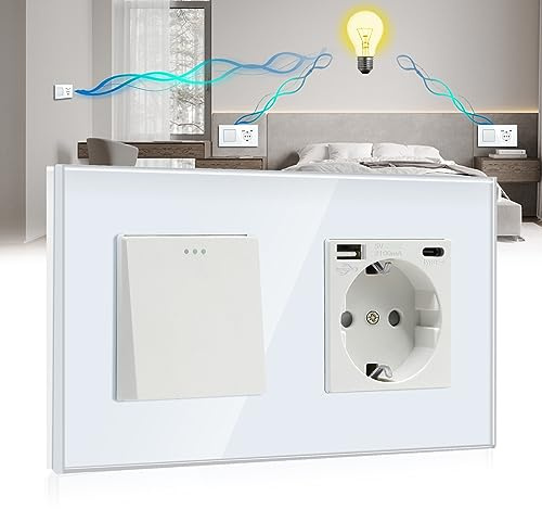 BSEED Interruptor de Pared Schuko 1 Gang 3 Vías Conmutador Tipo C y USB 16A/10A Botón Pulsador Blanco