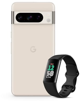 Google Pixel 8 Pro – Unlocked Android Smartphone with telephoto lens – Porcelain, 128GB + Fitbit Charge 6 Activity Tracker - Obsidian/Black Aluminium