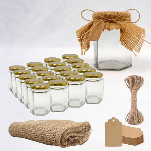 20x Pot de Miel Hexagonal avec Couvercle 270ml + 20x Bande de Tissu de Jute + 20x Étiquette en Carton Kraft + Ficelle de Jute - Idéal pour la Conservation de Miel, Confiture, Épices, Yaourt