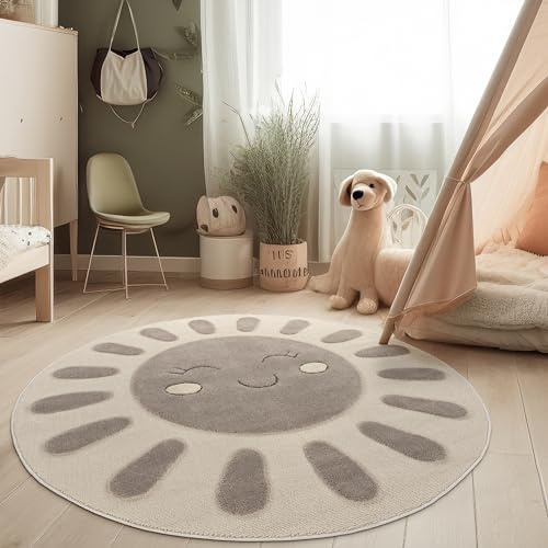 Paco Home Kinderzimmer Moderner Kinderteppich Robuster Spielteppich 3D-Effekt Naturtöne Weiche Schlingenstruktur Pflegeleichtes Sonnen-Motiv, Grösse:160 cm Rund, Farbe:Creme (Sonne)