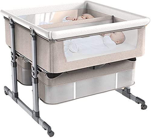 QUNINE Zwillingsbett, Nachtbett mit Matratze, höhenverstellbares Reisebett, faltbares Puppenbett, Kleinkinderbett aus Aluminiumlegierung mit Aufbewahrungskorb, Khaki Happy