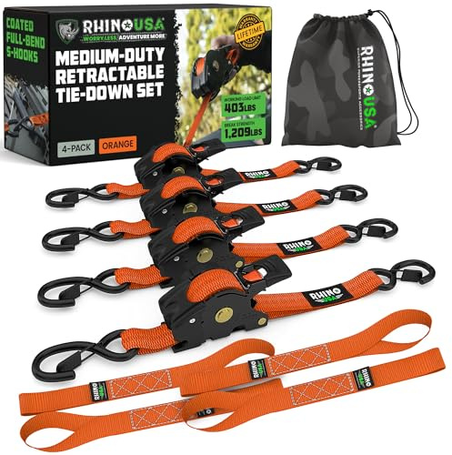 Rhino USA Retractable Ratchet Straps (4-Pack) - 1 Inch x 10 Feet (1,209lb Break Strength) - Auto Self Retracting Tie Down Straps for Truck, Cargo Trailer, Motorcycle, ATV, UTV - Orange