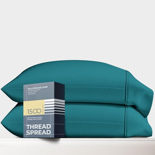 THREAD SPREAD 100% Egyptian Cotton King Size Pillow Cases Set of 2 - Luxury 1500 Series Pillow Cases King Size (Teal), Soft Cooling Envelope Closure Hotel Quality Egyptian Cotton Pillowcases