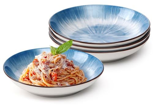 NUTRIUPS 20.5cm Ciotole per Pasta Set di 4, 500ml-16oz Piatti da Pasta, Piatti per Pasta, Piatti Fondi in Porcellana, Sicure per Microonde e Lvastoviglie(Blu)