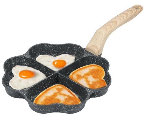 Littleduckling 4-Cup Nonstick Egg Frying Omelette Pan Heart Breakfast Egg Skillet Pancake Pan with Wooden Handle Aluminum Egg Burger Fried Egg Pan for Hobs & Induction(Black)