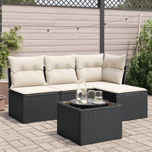 ULUYYUC 5-TLG. Garten-Sofagarnitur, Fußhocker Küchensofa Eckbank Küche Hocker Geeignet für Balkon Hinterhof Außenbereich Garten mit Kissen Schwarz Poly Rattan