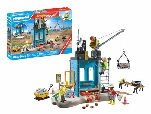 PLAYMOBIL Action Heroes Promo Pack 71650 Baustelle, mit DREI Figuren, beweglichem Kran und vielen weiteren Extras, detailreiches Spielzeug für Kinder ab 4 Jahren